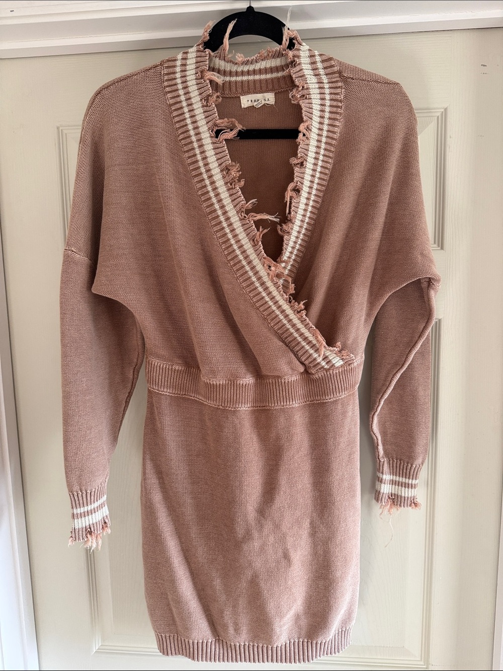 Promesa Washed Brown and Cream Boho Frayed V-Neck Knit Sweater Dress #13